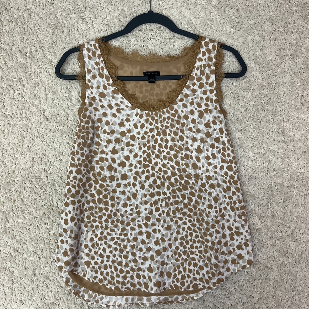 Ann Taylor Animal Print Blouse Womens Small Sleeveless Lace Trim Lined Shell
